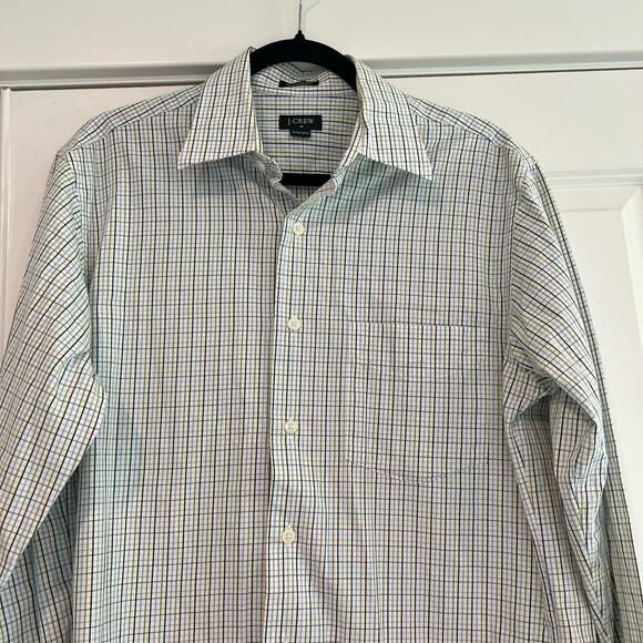 J Crew Men's Button Down Dress Shirt Green Blue Plaid Size S 14-14.5 100% Cotton - Picture 2 of 8